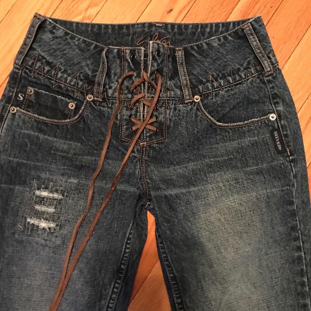 Silver Lace Up Jeans size 27, 32” inseam